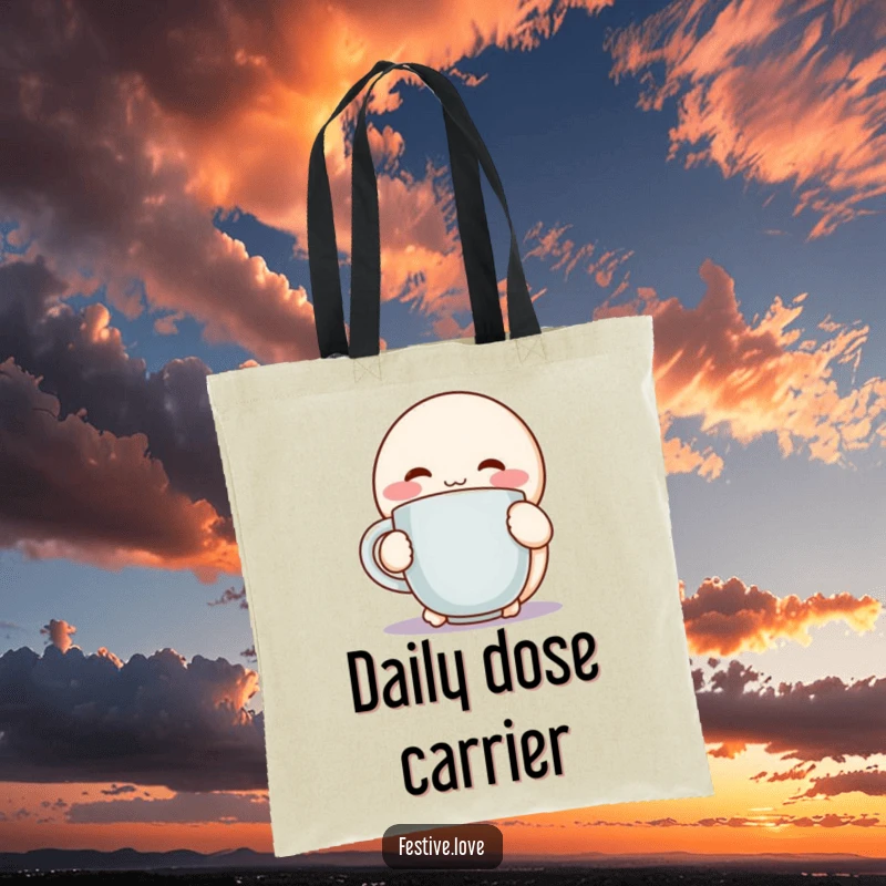 Funny tote bag showcasing a round, rosy-cheeked character hugging a steaming mug with delight, perfect for daily use.