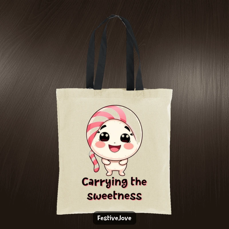 Funny candy cane character tote bag bending into a happy smile, perfect for carrying essentials with playful holiday sweetness.