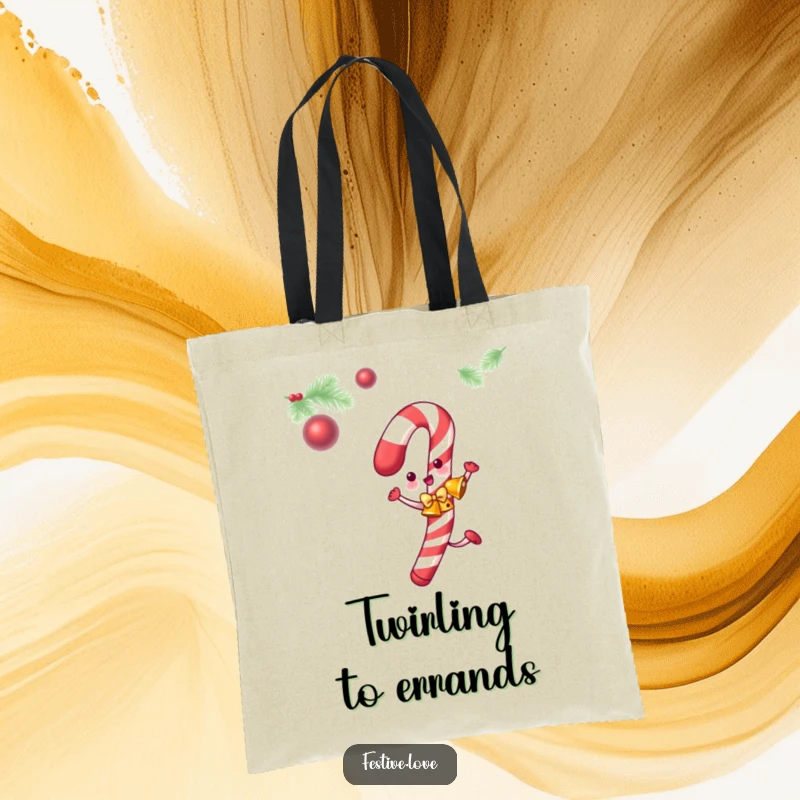 Funny candy cane tote bag depicting a dancing candy cane with jingle bells, perfect for holiday outings.