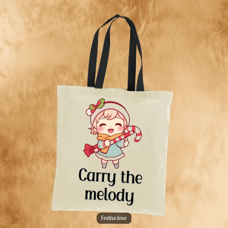 Funny tote bag depicting a cheerful character caroling with a candy cane, perfect for carrying groceries or songbooks.