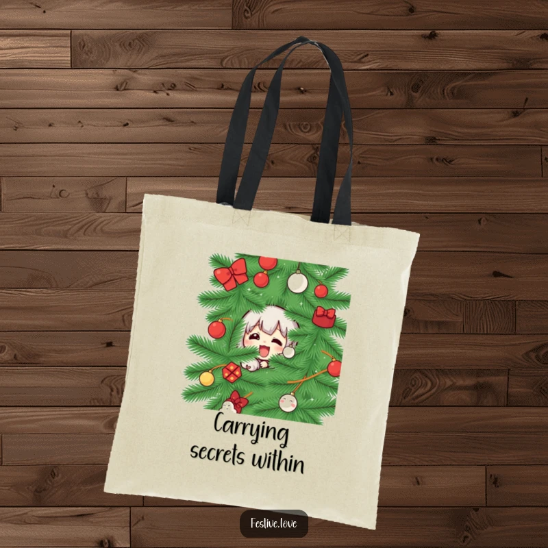 Funny tote bag with a character peeking from behind a Christmas tree, symbolizing playful hiding and holiday surprises, a stylish accessory.