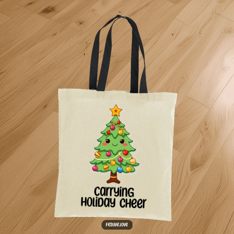 Funny Christmas tree tote bag with a cheerful character decorated with shining ornaments and a star, great for shopping.