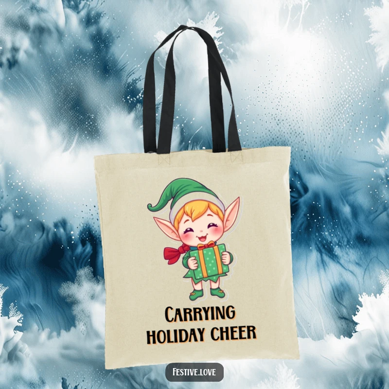 Funny tote bag designed with a joyful elf character holding a brightly wrapped gift, ideal for holiday errands and celebrations.