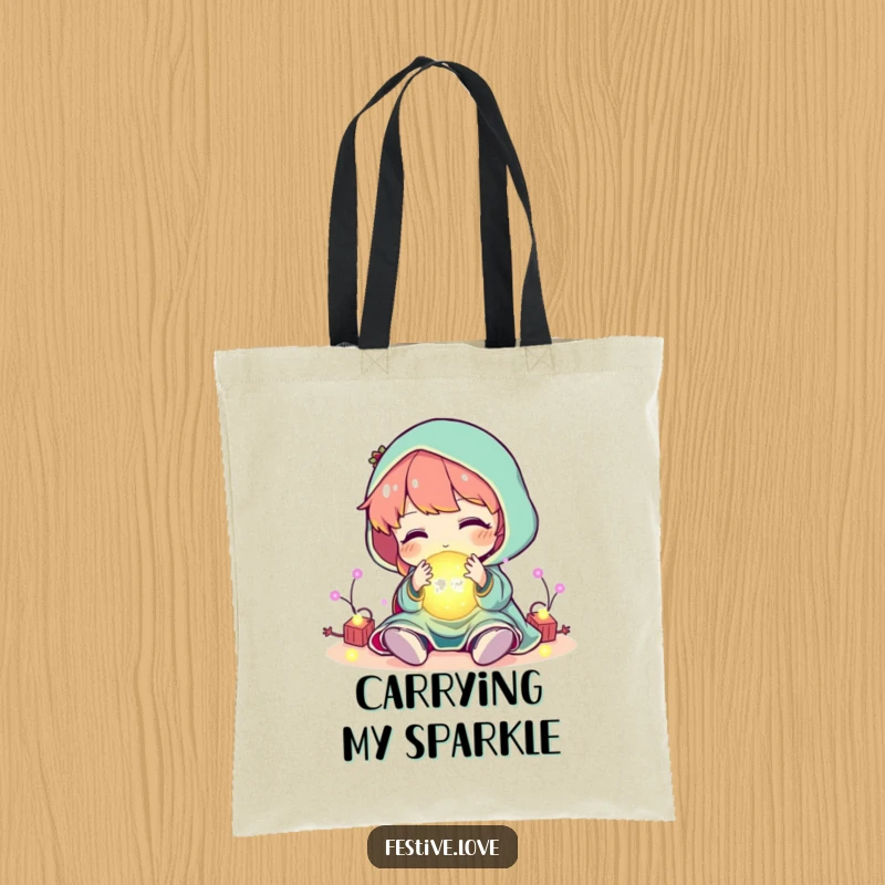 Funny character playing with a ball of glowing, festive lights, on a tote bag, a humorous and radiant accessory.