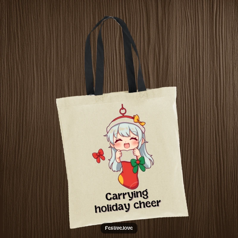 Funny tote bag with a character hanging a festive stocking, symbolizing holiday excitement and gift carrying, a stylish accessory.