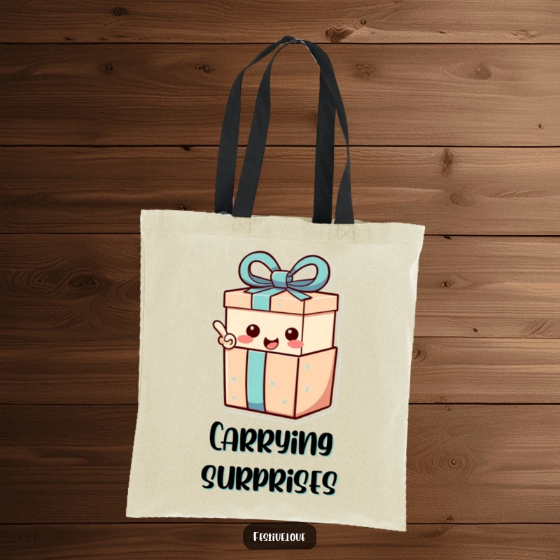 Funny Tote Bag: A gift box character with a happy exclamation point, perfect for carrying gifts.