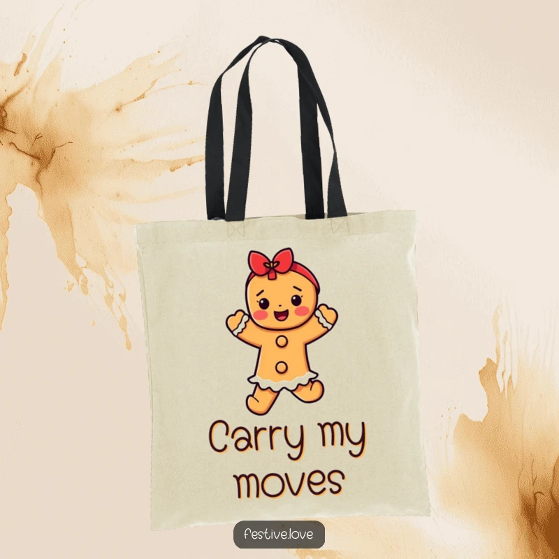 Funny gingerbread dancer tote bag, a happy character captured in a festive dance, perfect for carrying holiday treats.