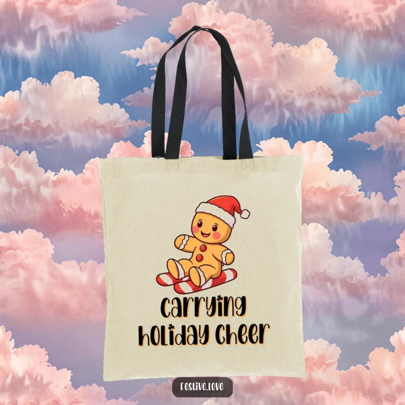 Funny gingerbread man tote bag depicting a happy cookie sliding down a candy cane, ideal for holiday cheer.