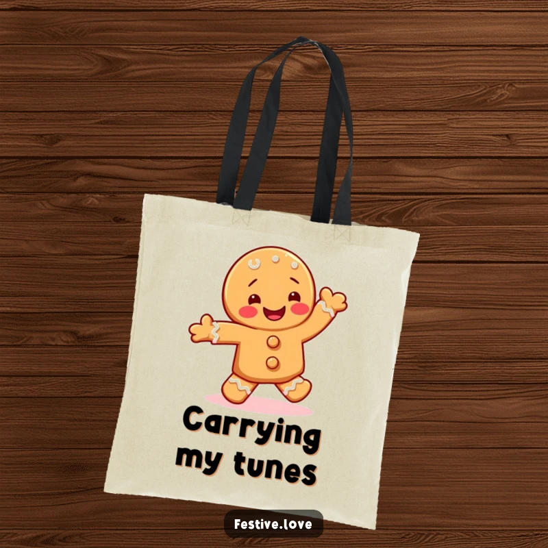 Funny tote bag design illustrating a jubilant gingerbread cookie character doing a festive jig with a big, happy smile.