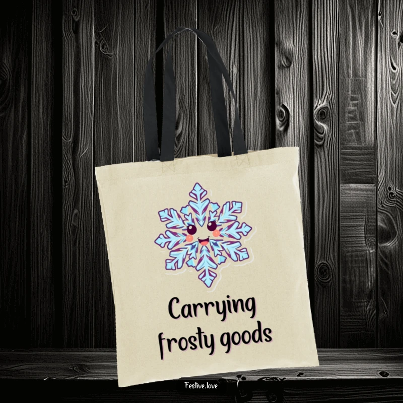 Funny tote bag illustrating a happy snowflake character with detailed icy patterns, joyfully spinning in a winter scene.