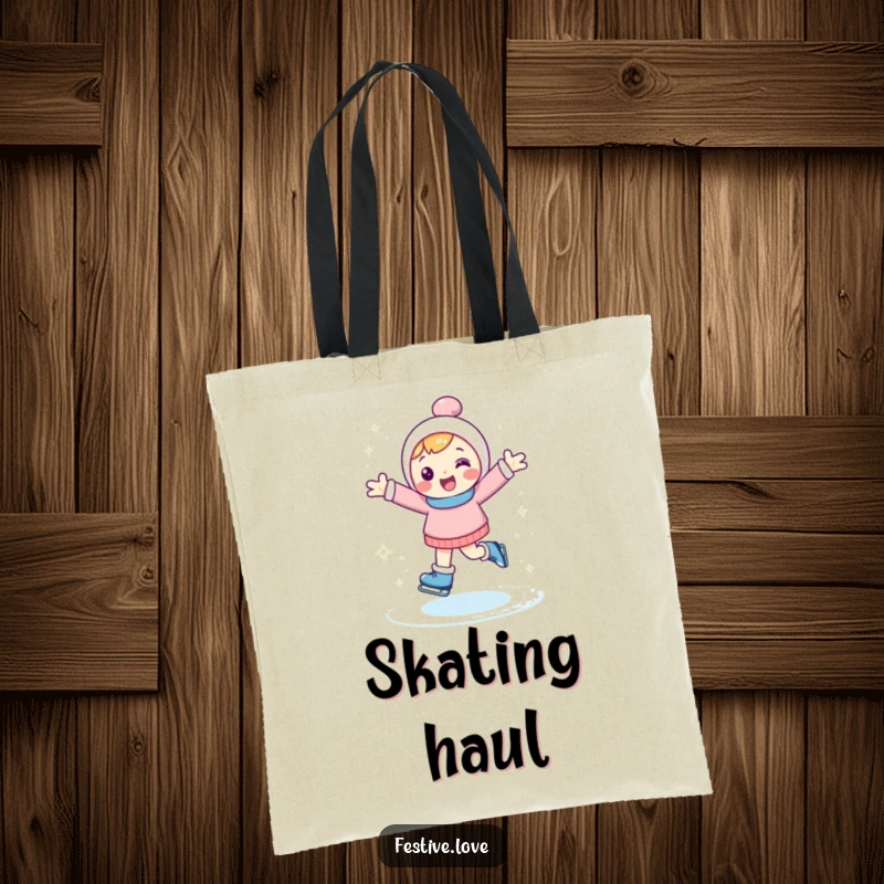 Funny tote bag showcasing a happy character ice skating with arms outstretched, kicking up sparkly ice, perfect for daily use.