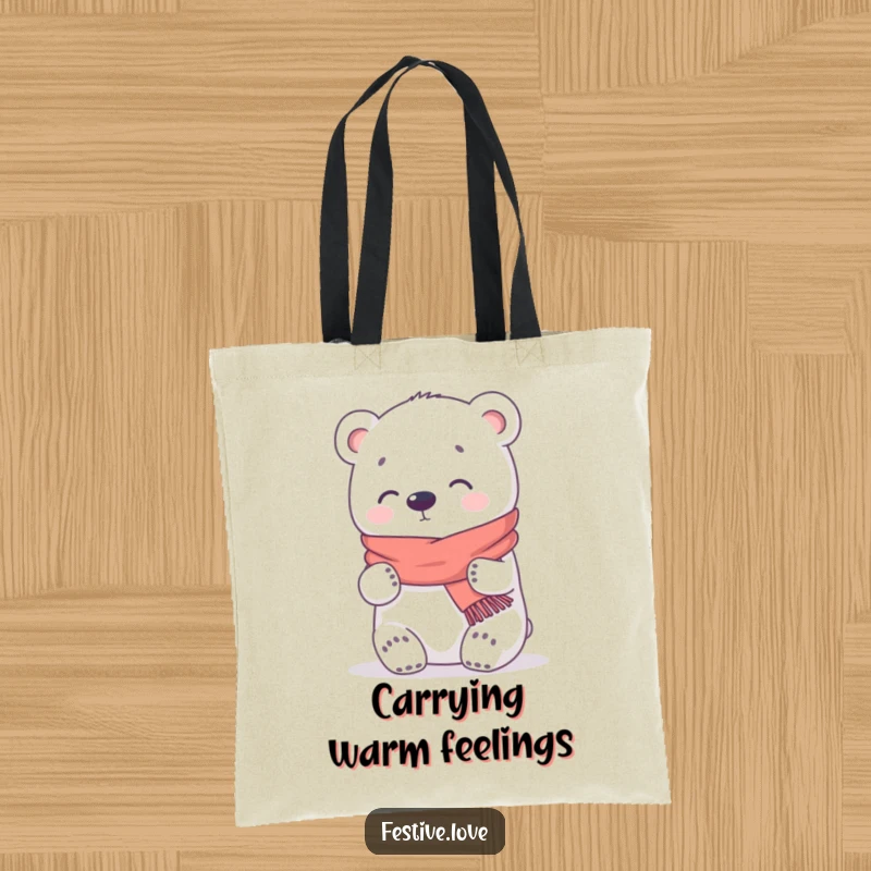 Funny Tote Bag: A kawaii polar bear with a scarf gives a warm hug, making this tote a cheerful and functional accessory.