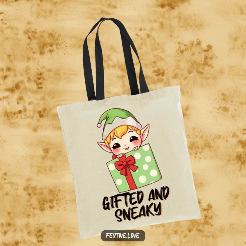 Funny kawaii elf tote bag with a mischievous grin, peeking from behind a big gift, practical and humorous accessory.