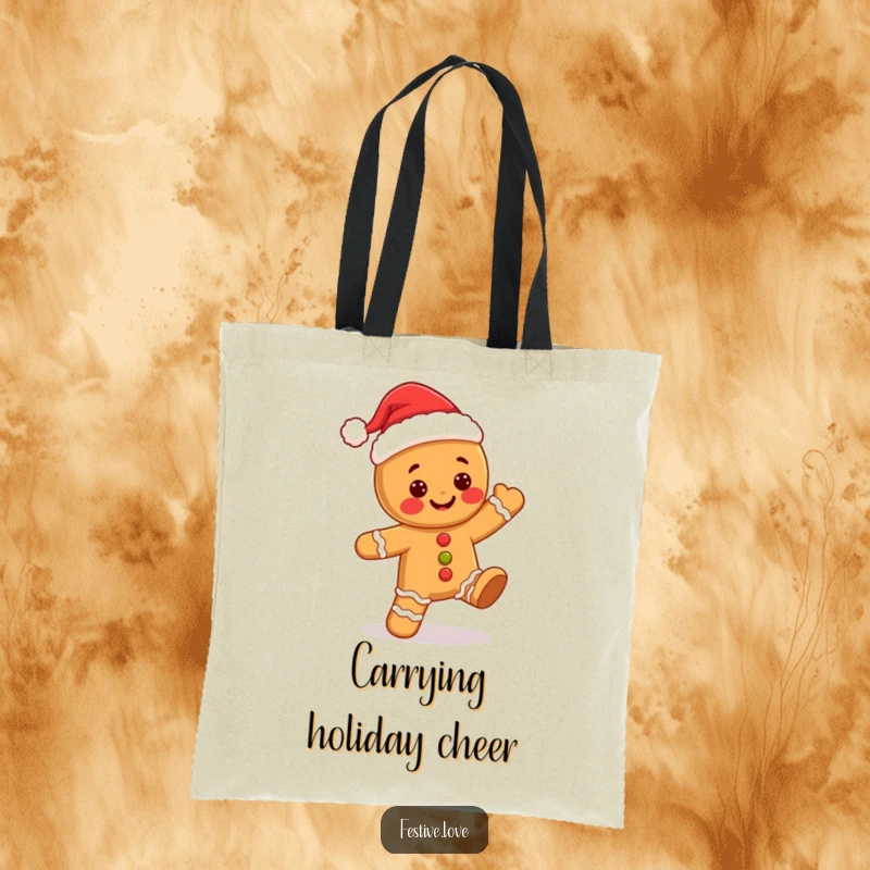 Funny kawaii gingerbread man in a Santa hat, doing a jolly dance, printed on a durable and festive tote bag.