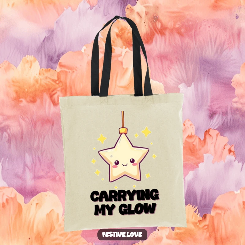 Funny Tote Bag: A kawaii star ornament is shown happily twinkling and spinning, adding a cheerful and humorous touch.