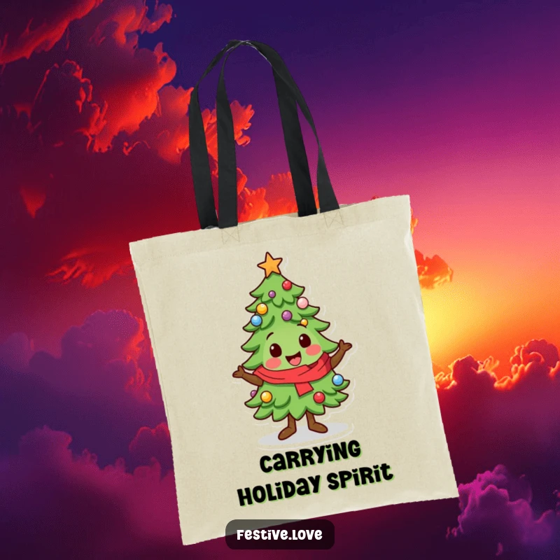 Funny Tote Bag: A kawaii Christmas tree character performs a festive wiggle, making this bag a cheerful and humorous accessory.