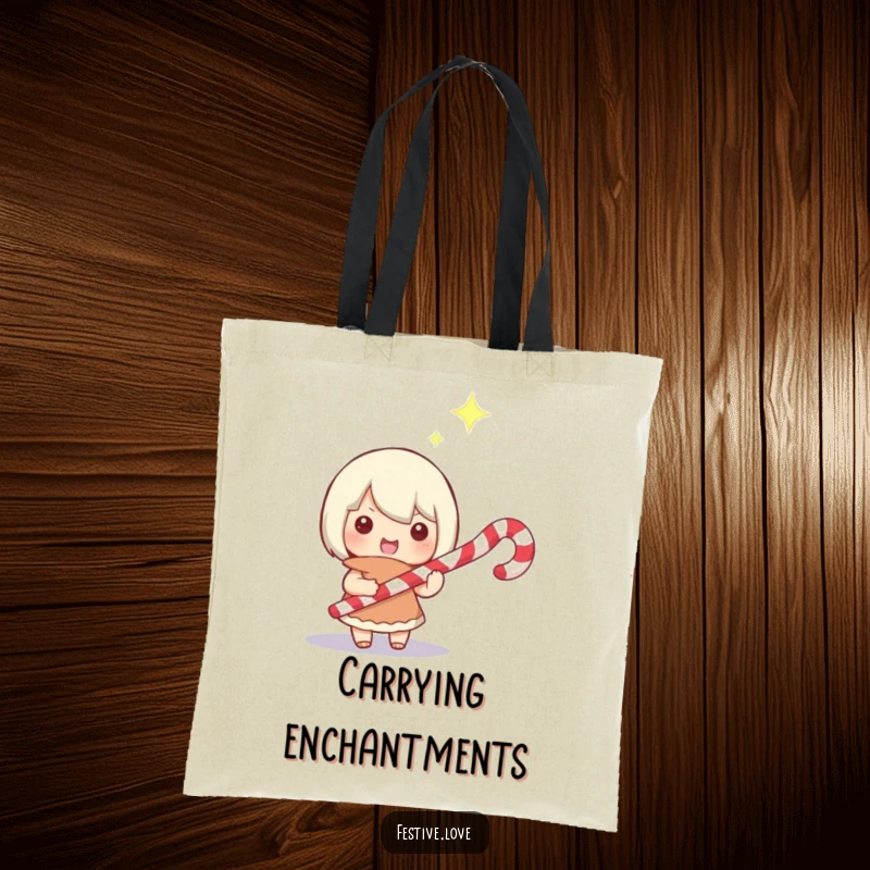 Funny tote bag featuring a small character with a candy cane wand, eyes gleaming, casting a festive holiday spell, perfect for shopping.