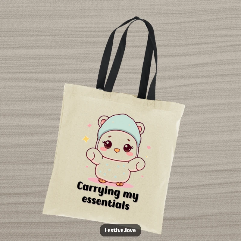 Funny Tote Bag: A cozy mitten character giving a warm wave, perfect for carrying winter essentials.