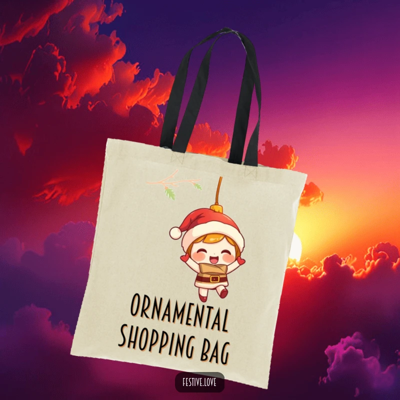 Funny tote bag with a giggling Christmas ornament character swinging merrily, a perfect accessory for holiday enthusiasts.