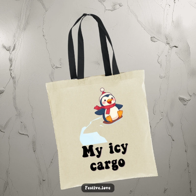 Funny tote bag design showing a happy penguin character having an exhilarating time sliding down a frosty icy hill.