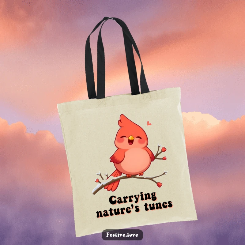 Funny tote bag showcasing a plump, red cardinal character singing joyfully on a snowy branch, a winter scene.