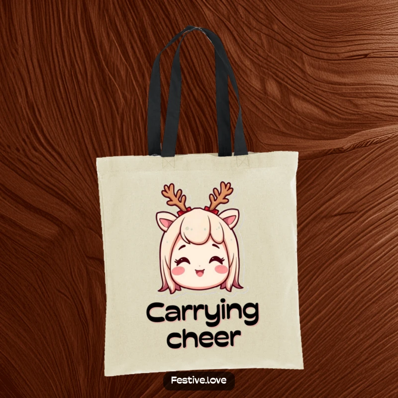 Funny tote bag depicting a smiling character wearing tiny reindeer antlers, looking excited and ready for holiday adventures and errands.