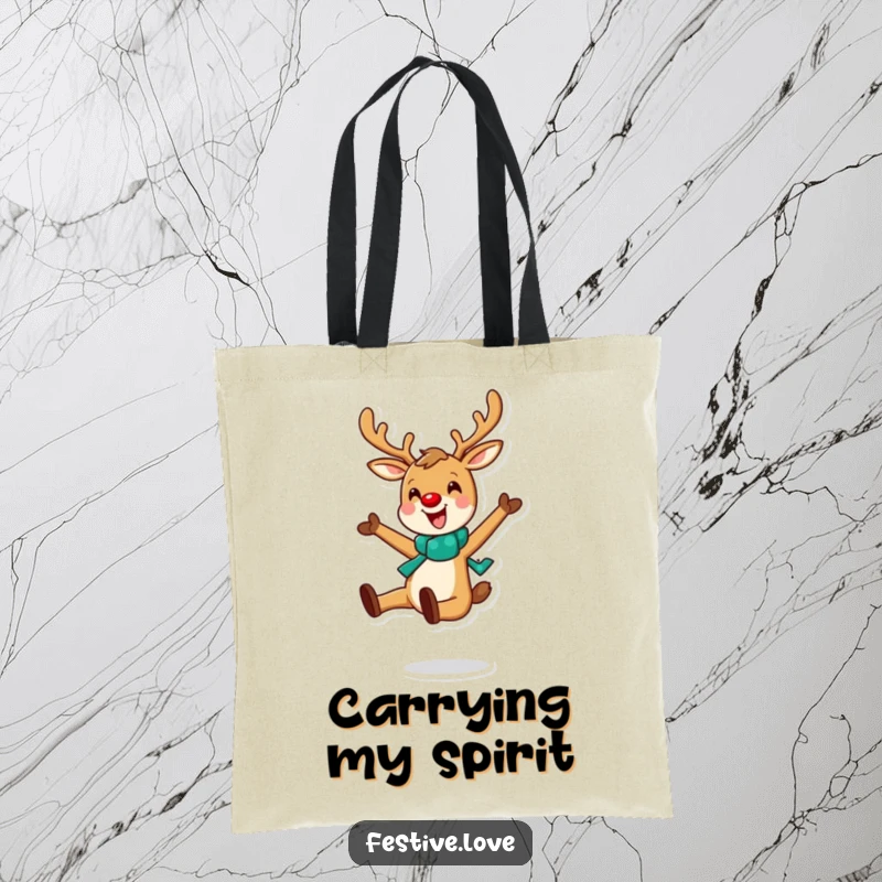 Funny tote bag featuring a cheerful reindeer mid-leap, brimming with holiday joy and ready for adventure.