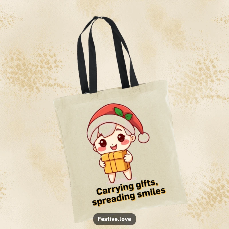 Funny Santa tote bag featuring a cute character in a Santa hat, smiling while holding a gift box, great for shoppers.