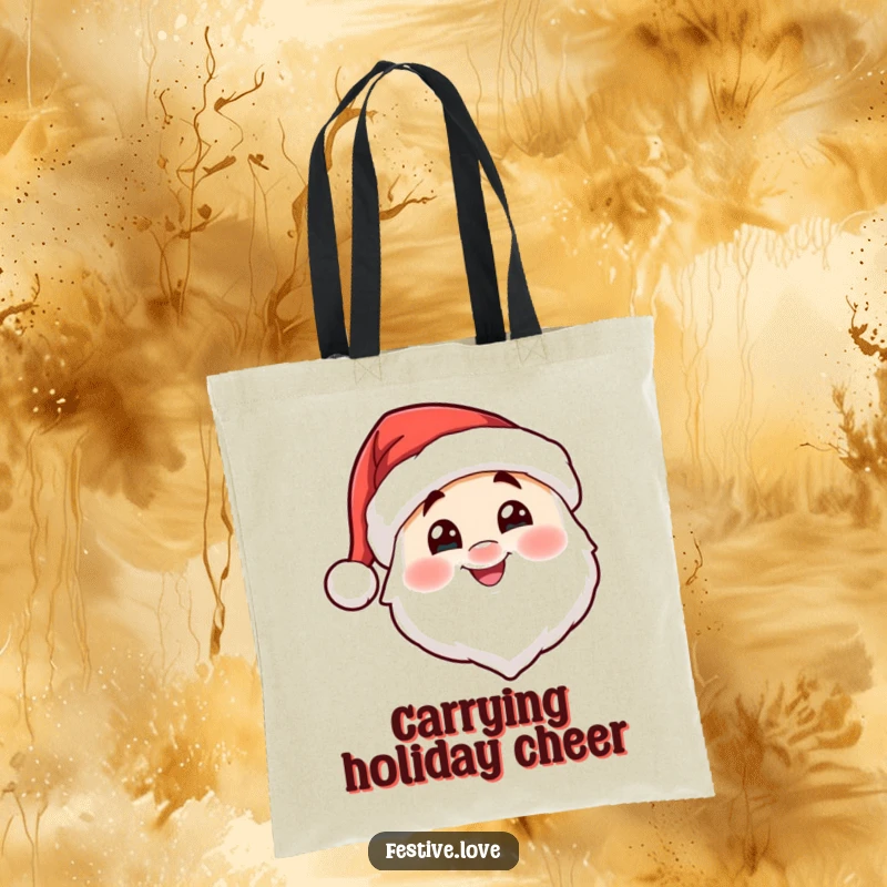 Funny Santa hat character tote bag nodding cheerfully, ideal for carrying holiday essentials with festive joy and practicality.
