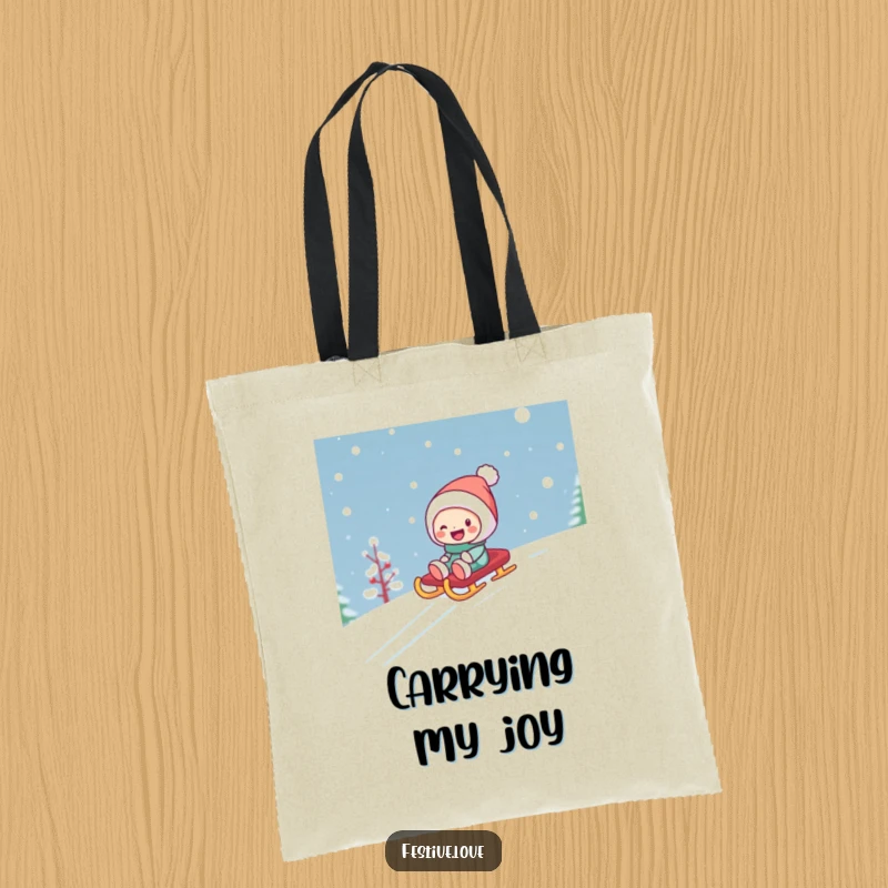 Funny tote bag depicting a character joyfully sledding down a snowy hill on a bright sled, perfect for carrying winter necessities.