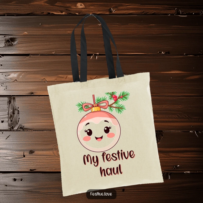 Funny tote bag showcasing a smiling ornament character with a cheerful demeanor, hanging from a holiday garland.