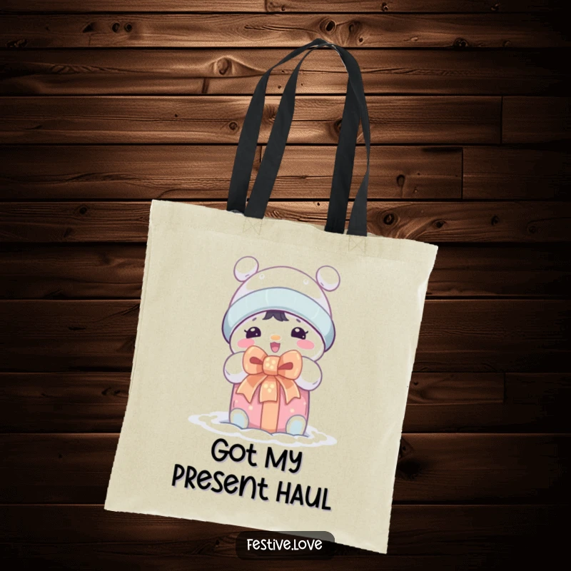 Funny tote bag showcasing a cute snow character character expressing pure delight while unwrapping a large, festive gift.