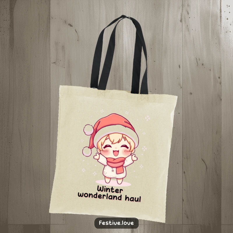 Funny tote bag showcasing a cute character in a Santa hat joyfully throwing sparkling snowflakes, great for everyday use.