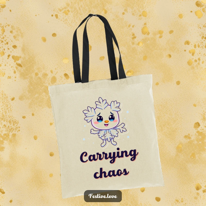 Funny snowflake character tote bag creating a tiny swirl, perfect for carrying winter essentials with a touch of playful magic.