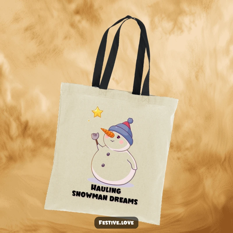 Funny snowman tote bag depicting a plump snowman watching a falling star, perfect for carrying winter essentials.