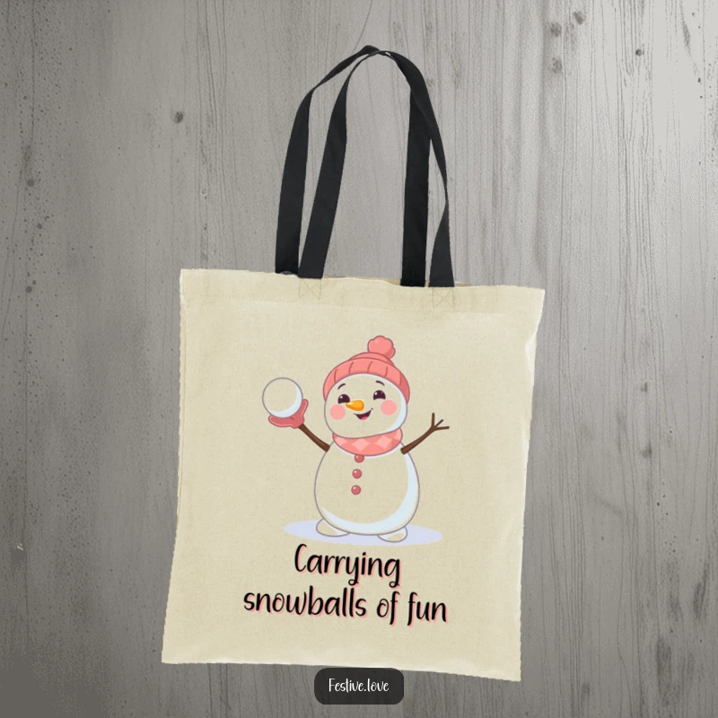 Funny tote bag illustrated with a smiling snowman character preparing to throw a snowball, practical and full of winter charm.
