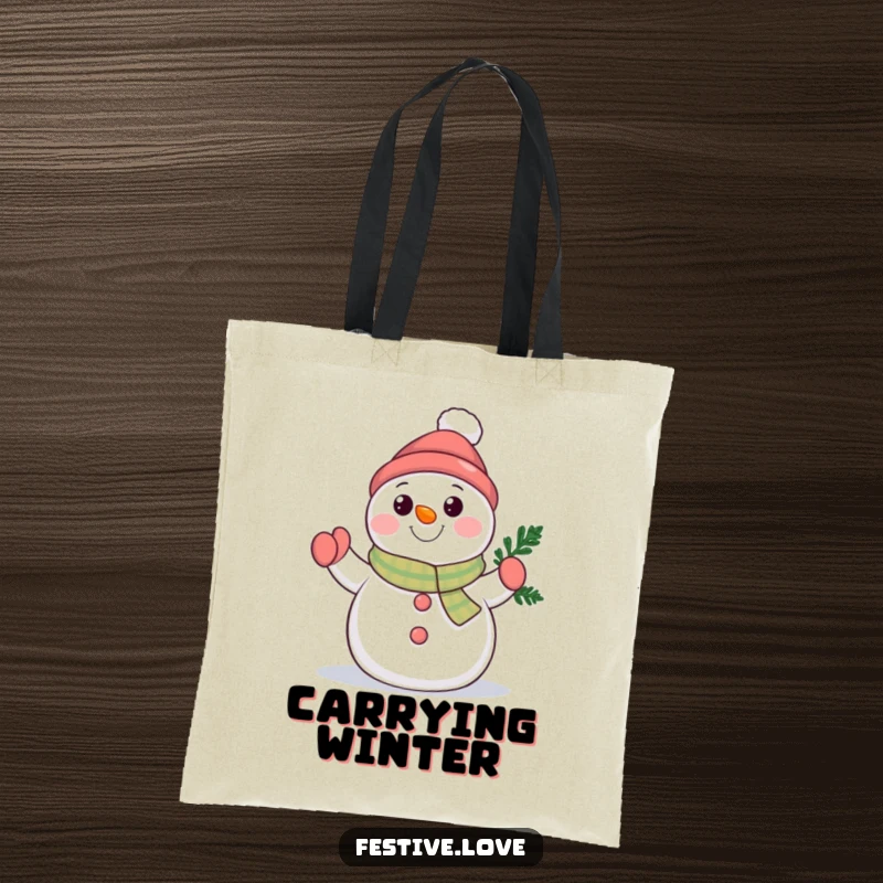 Funny snowman character tote bag waving a tiny evergreen branch, perfect for carrying winter essentials with cheerful holiday spirit.