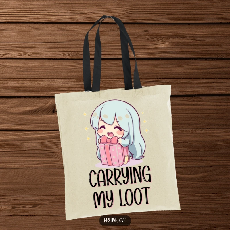 Funny tote bag with a character unwrapping a sparkling gift, symbolizing excitement and gift carrying, a stylish accessory.