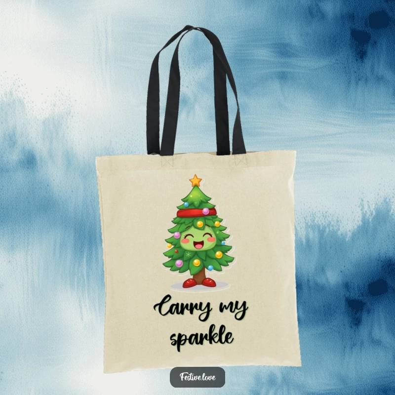 Funny Christmas tree tote bag, a character sparkling with ornaments, ideal for carrying holiday treats and essentials.