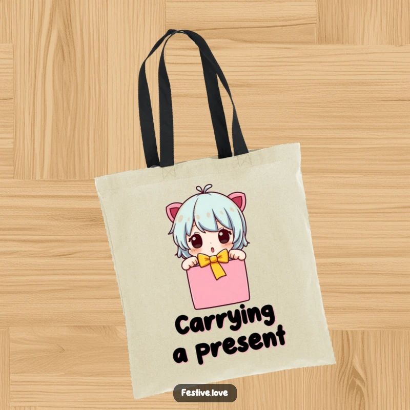 Funny character tote bag unwrapping a gift box, surprised expression, bright and colorful, a fun accessory, a great funny gift.