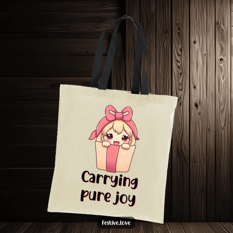 Funny tote bag featuring a cute, joyful present character peeking out from a colorful ribbon, ready for errands.
