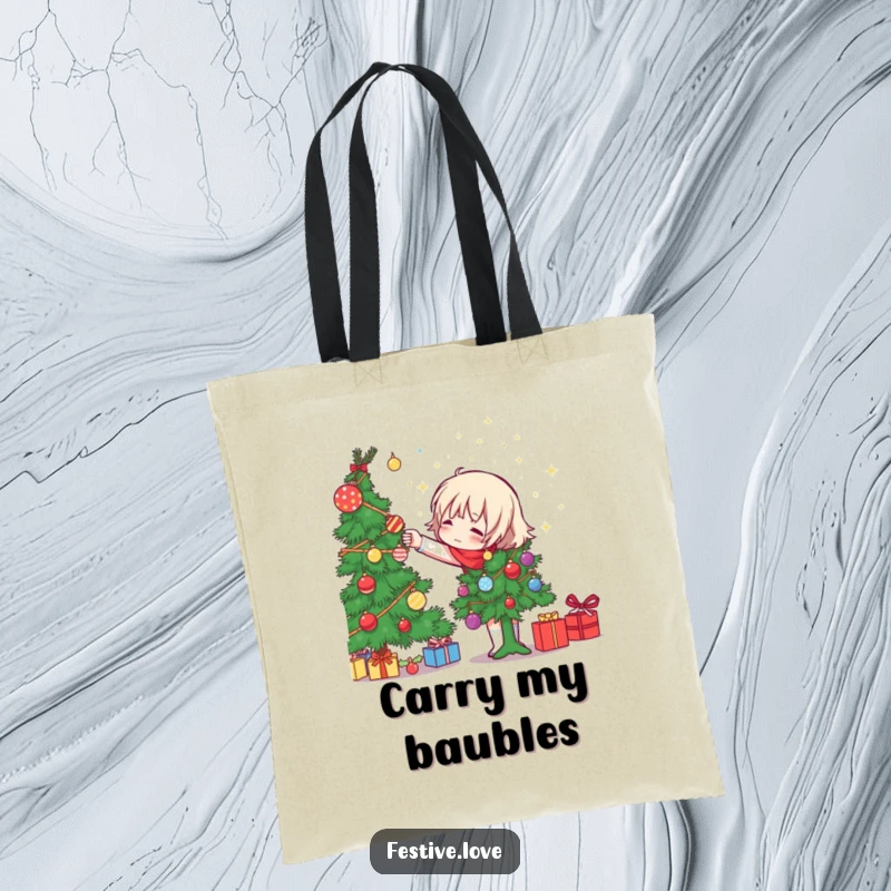 Funny character decorating a Christmas tree, tossing sparkly ornaments around, on a tote bag, a humorous and useful holiday accessory.