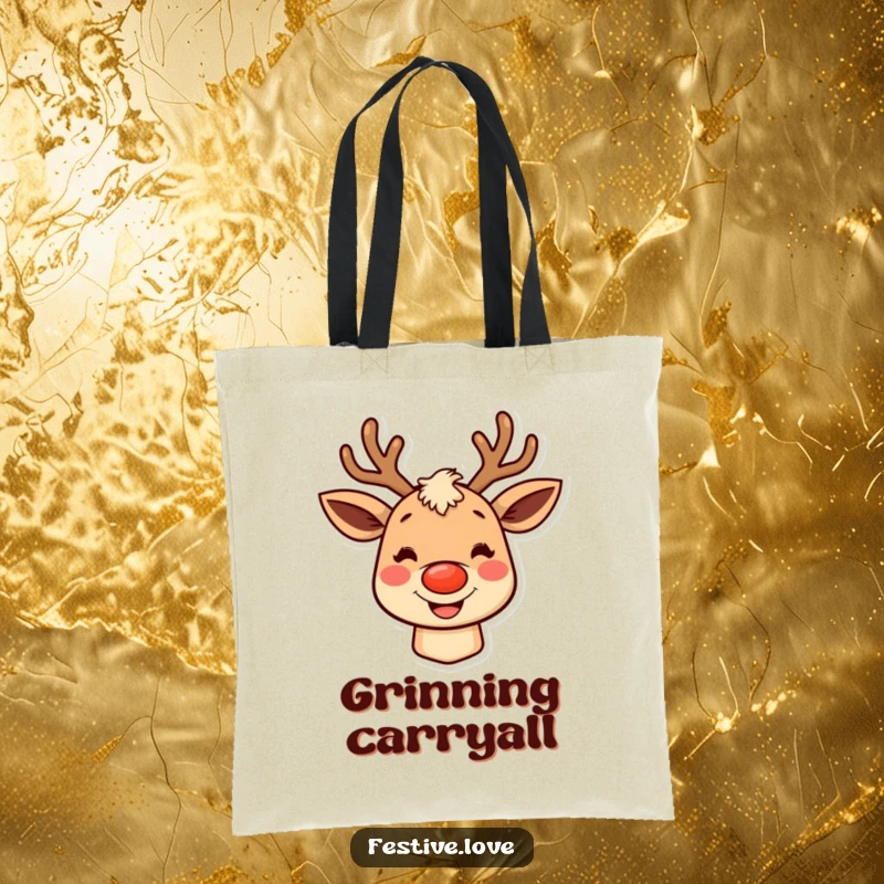 Funny reindeer tote bag showcasing a character with rosy cheeks and a big grin, ideal for carrying holiday goodies.
