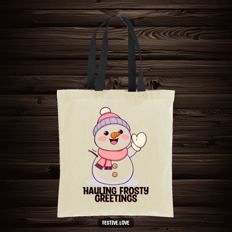 Funny kawaii snowman with a carrot nose, waving a mitten energetically, printed on a durable and cheerful tote bag.