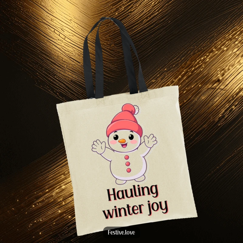 Funny smiling snowman tote bag with a happy cartoon snowman character waving enthusiastically, perfect for carrying winter goodies.