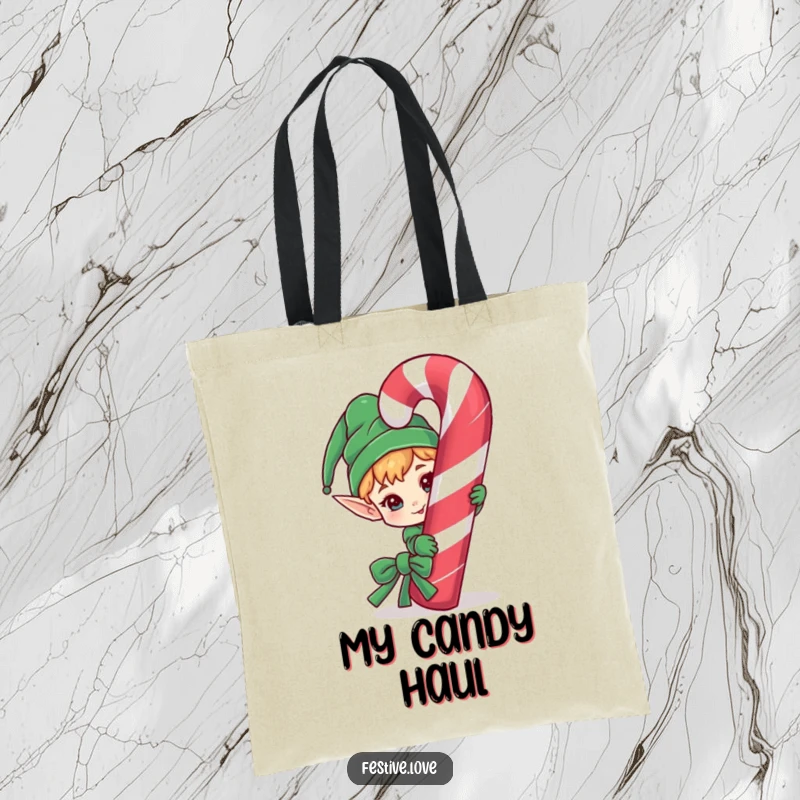 Funny tote bag design showing a sly elf character peeking playfully from behind a large candy cane.