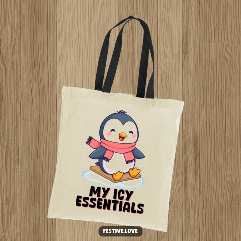 Funny tote bag showcasing a happy penguin in a scarf, smoothly sliding across an icy surface with glee.