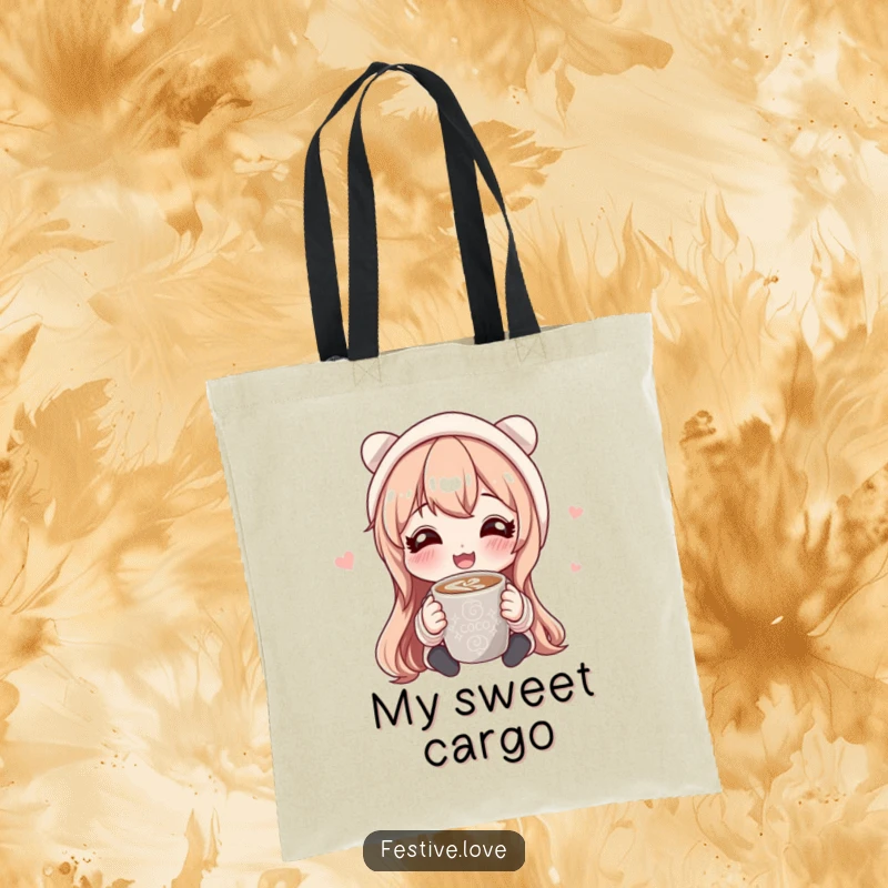 Funny tote bag illustration of a happy character offering a mug of hot cocoa, symbolizing warmth, sharing, and friendship.