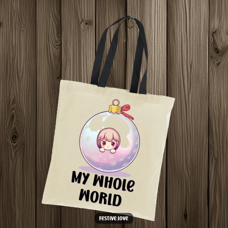 Funny tote bag depicting a small character comically peeking from behind a large, shiny Christmas ornament, ideal for festive market visits.
