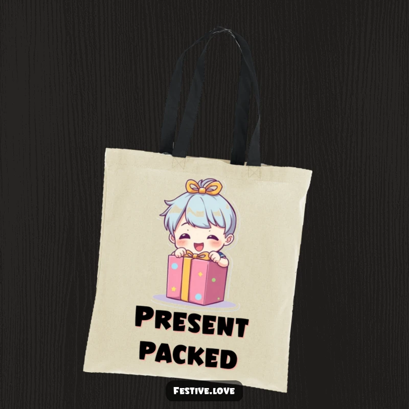 Funny tote bag showcasing a little character enthusiastically unwrapping a brightly colored present, perfect for carrying essentials.